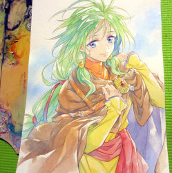  1girl agahari blue_eyes brown_cloak claire_majoram cloak closed_mouth commentary_request cowboy_shot dress gem green_hair hands_up high_collar long_hair long_sleeves looking_at_viewer mitsumete_knight multi-tied_hair painting_(medium) photo_(medium) red_gemstone red_sash sash sleeves_past_wrists smile solo standing traditional_media very_long_hair yellow_dress 