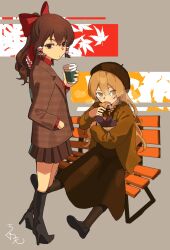  2girls alternate_costume alternate_headwear artist_name autumn bench black_boots black_shoes blonde_hair blush boots bow brown_cardigan brown_dress brown_eyes brown_hair brown_jacket brown_pantyhose cardigan commentary_request contemporary cup disposable_coffee_cup disposable_cup dress eating food frilled_hair_tubes frills hair_bow hair_tubes hakurei_reimu hand_in_pocket headwear_request high_heel_boots high_heels highres holding holding_cup imkooooww jacket kirisame_marisa knee_boots long_hair long_sleeves looking_at_viewer multiple_girls on_bench open_cardigan open_clothes open_mouth pantyhose plaid_clothes plaid_jacket red_bow red_sweater roasted_sweet_potato shoes sitting steam sweater sweet_potato touhou yellow_eyes 