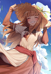  1girl :d ^_^ adapted_costume arms_up bead_bracelet beads blue_sky blunt_bangs blush bracelet breasts brown_hair brown_skirt closed_eyes clouds commentary_request cowboy_shot day dutch_angle eyelashes facing_viewer fangs floating_hair green_ribbon grin hand_on_headwear hands_up happy hat hat_ribbon highres holo jewelry long_hair long_sleeves making-of_available marutenmaruten neck_pouch outdoors pouch red_ribbon red_sash ribbon sash shirt skirt sky small_breasts smile solo spice_and_wolf straight_hair straw_hat sun_hat textless_version very_long_hair white_shirt wind 