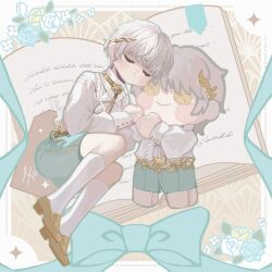  1boy :o absurdres aged_down aqua_bow aqua_flower aqua_ribbon aqua_rose aqua_shorts ascot belt blush bolo_tie book bookmark border bow brooch character_doll chinese_commentary closed_eyes cuff_links doll fetal_position flower flower_brooch full_body gold_belt highres holding_hands jewelry kneehighs laurel_crown light_and_night_love loafers long_sleeves lying male_focus on_side open_book outside_border qi_sili ribbon rose shirt shoes short_hair shorts sleeping snow234 socks solo white_ascot white_border white_flower white_hair white_rose white_shirt white_socks wispy_bangs yellow_eyes yellow_flower yellow_rose yellow_shoes 