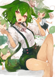  1girl absurdres brown_eyes chibi chibi_inset closed_mouth collared_shirt commentary green_hair green_shorts green_suspenders hair_between_eyes highres kaamin_(mariarose753) long_hair multiple_views open_mouth shirt shorts simple_background sitting suspender_shorts suspenders utau voicevox white_background white_shirt zundamon zundamon_(utau) 