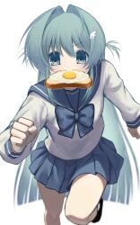  1girl aqua_eyes aqua_hair black_skirt blue_bow blue_sailor_collar blue_wrist_cuffs blurry blush bow bread bread_slice clenched_hands depth_of_field food food_in_mouth fried_egg fried_egg_on_toast hair_between_eyes hair_intakes hair_ornament highres long_hair long_sleeves looking_at_viewer mouth_hold nemu_(zutto_oyasu3) original pleated_skirt running sailor_collar school_uniform serafuku shirt skirt solo sweatdrop toast toast_in_mouth two_side_up white_shirt wing_hair_ornament wrist_cuffs 