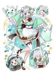  1girl :d absurdres apron asymmetrical_legwear black_bow black_garter_straps black_skirt blue_eyes blush bobby_socks bow center_frills commentary detached_sleeves dress fang frilled_dress frilled_thigh_strap frills garter_straps ghost_pose glowstick gradient_hair green_dress green_hair green_sleeves hair_ornament hairclip hakamii highres indie_virtual_youtuber large_bow long_sleeves maid maid_headdress miniskirt mint_fantome mint_fantome_(minto_1.0) mint_fantome_(minto_2.0) multicolored_hair multiple_views penlight_(glowstick) pointy_ears short_hair single_thighhigh skirt skirt_under_dress sleeveless sleeveless_dress sleeves_past_fingers sleeves_past_wrists smile socks striped_clothes striped_dress symbol-only_commentary thigh-highs thigh_strap triangular_headpiece two_side_up uneven_legwear vertical-striped_clothes vertical-striped_dress virtual_youtuber waist_apron wavy_hair white_apron white_hair white_socks white_thighhighs wisps_(mint_fantome) x_hair_ornament 