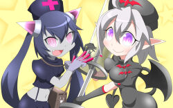  2girls ahoge amauchi ambiguous_red_liquid bag bat_ornament black_hair black_shirt blush breasts chrome_(mon-musu_quest!) colored_skin commentary_request crop_top demon_girl demon_wings fang gloves hat highres holding holding_syringe holding_weapon horns jewelry large_syringe long_hair looking_at_viewer mon-musu_quest! monster_girl multiple_girls nabisu_(mon-musu_quest!) navel nurse nurse_cap open_mouth oversized_object pink_eyes pink_horns pointy_ears puffy_short_sleeves puffy_sleeves purple_skin ringed_eyes shirt short_hair short_sleeves shoulder_bag sidelocks smile sparkle squirting_liquid star_(symbol) star_symbol_background syringe tail twintails violet_eyes weapon white_hair wings yellow_background 