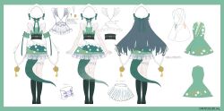  1girl a-pose apron artist_request bare_shoulders black_corset bonnet boots border collar copyright_notice corset detached_sleeves facing_away floral_print floral_print_kimono flower_knot frilled_bonnet frilled_collar frilled_skirt frilled_socks frilled_thigh_strap frills from_behind full_body green_boots green_border green_hair green_kimono green_ribbon green_tail hair_ribbon japanese_clothes kimono kimono_skirt knee_boots kneehighs lizard_tail long_hair long_sleeves maid_apron multiple_views neck_ribbon nijisanji obiage obijime official_art outside_border print_kimono reference_sheet ribbon skirt socks standing tail tail_under_clothes tassel thigh_strap togawa_nonoha virtual_youtuber waist_apron white_background white_bonnet white_ribbon white_sleeves 