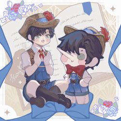  1boy :&gt; :d absurdres aged_down aqua_eyes belt belt_buckle black_belt black_hair black_shoes black_socks blue_bow blue_flower blue_overalls blue_ribbon blue_rose blush book bookmark border bow bowtie brown_hat buckle character_doll chinese_commentary clapping collared_shirt cross_tie curtained_hair doll flower full_body gloves hat hat_feather highres indian_style kneehighs light_and_night_love loafers long_nose looking_at_doll male_focus open_book outside_border overall_shorts overalls red_bow red_bowtie red_flower red_rose ribbon rose shirt shoes short_hair short_sleeves sitting smile snow234 socks solo the_adventures_of_pinocchio white_border white_flower white_gloves white_rose white_shirt xiao_yi_(light_and_night_love) 