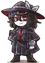  1girl 3d_glasses belt black_capelet black_hair black_hat black_skirt black_socks blush_stickers book boots bow brown_belt brown_boots capelet chibi chibi_only eyewear_on_head hair_between_eyes hand_on_own_hip hat hat_bow holding holding_book long_sleeves looking_at_viewer necktie red_eyes shirt short_hair simple_background skirt sleeve_cuffs smirk socks standing suenari_(peace) touhou white_background white_shirt 