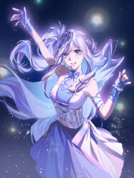  1girl arm_ribbon arm_up bare_shoulders blue_choker blue_eyes blue_hair blue_ribbon bow bowtie brooch choker colored_inner_hair corset cowboy_shot dress feather_hair_ornament feathers fingerless_gloves fireflies floating_hair frilled_gloves frills gloves hair_ornament hand_up happy headset highres idol infinity_nikki jewelry light_blush light_particles long_hair long_sidelocks makino_gengetsu multicolored_hair music night nikki_(series) one_side_up open_mouth outdoors outline pleated_dress purple_bow purple_bowtie purple_corset purple_dress purple_gloves purple_hair purple_outline ribbon short_dress sidelocks singing smile solo starry_nocturne_(infinity_nikki) strapless strapless_dress teeth two-tone_hair very_long_hair 