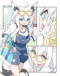  1girl :d ahoge animal_ears aqua_nails bag bead_bracelet beads blue_eyes bracelet braid dated eyewear_on_head finger_to_mouth fox_ears fox_girl fox_tail handbag highres hololive jewelry laurol_azuki long_hair looking_at_viewer miteiru_(shirakami_fubuki) nail_polish nejima_kitsune_(shirakami_fubuki) official_alternate_costume oruyanke_(shirakami_fubuki) overall_shorts overalls shirakami_fubuki shirakami_fubuki_(holonatsu_paradise) shirt smile sukonbu_(shirakami_fubuki) tail white_hair white_shirt yellow-framed_eyewear 