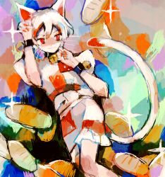  1girl animal_ears bell cat_ears cat_girl cat_tail coin goutokuji_mike looking_at_viewer neck_bell paw_pose red_eyes short_hair short_sleeves sosei tail tail_raised touhou white_hair 