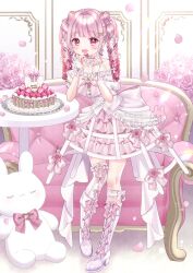  :d asymmetrical_legwear azarashi6 back_bow bare_shoulders birthday_cake blush boots bouquet bow bow-shaped_hair bow_earrings bridal_gauntlets bustle cake chair choker commentary crinoline dress earrings falling_petals flower food fork frilled_choker frilled_skirt frills fruit full_body gloves gradient_hair hair_ornament hairclip hand_up high_heel_boots high_heels highres holding holding_fork indie_virtual_youtuber itsuki_arisa jewelry lace-up_boots looking_at_viewer multicolored_hair off-shoulder_dress off_shoulder petals pink_bow pink_eyes puffy_sleeves rose rose_petals short_sleeves skirt smile standing strawberry strawberry_cake stuffed_animal stuffed_rabbit stuffed_toy symbol-only_commentary table thigh-highs too_many too_many_frills twintails virtual_youtuber watermark white_boots white_gloves 