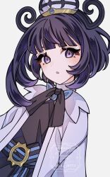  1girl :o bad_id bad_twitter_id belt belt_buckle black_dress blunt_bangs bob_cut buckle coat dress eyelashes gwynn_(pokemon) hat highres lily_00715 long_sleeves looking_at_viewer o-ring o-ring_belt open_clothes open_coat open_mouth pokemon pokemon_legends:_z-a purple_hair short_hair solo violet_eyes white_background white_coat 