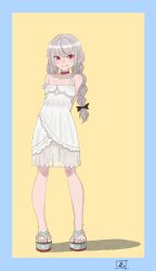  1girl absurdres aqua_border arms_behind_back bare_shoulders belt_collar black_ribbon blunt_bangs blush border braid closed_mouth collar collarbone dress fang fang_out full_body grey_hair hair_ribbon highres iori_konohe lace_trim long_hair looking_at_viewer low_twin_braids makaino_ririmu makaino_ririmu_(3rd_costume) multicolored_hair nijisanji no_socks platform_sandals pointy_ears red_collar red_eyes red_streaks ribbon sandals see-through_clothes see-through_skirt sidelocks signature simple_background skirt sleeveless sleeveless_dress smile solo standing strap_slip streaked_hair sundress twin_braids two-tone_hair virtual_youtuber white_dress yellow_background 