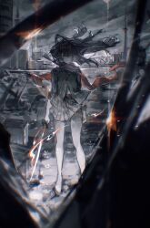  1girl absurdres black_hair black_shirt black_skirt colored_tips commentary crate diffraction_spikes embers fake_horns floating_clothes floating_hair floating_scarf glowing glowing_sword glowing_weapon hair_between_eyes hairband highres holding holding_sword holding_weapon horn_hairband horns lens_flare long_hair looking_at_viewer lucia:_lotus_(pgr) lucia_(pgr) multicolored_hair navel_peek pantyhose pleated_skirt punishing:_gray_raven red-eye_effect red_eyes red_hairband red_scarf ruins scarf shirt skirt solo standing sword symbol-only_commentary three-quarter_sleeves weapon wind wind_lift zhouliang48183 