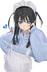  1girl absurdres apron blue_eyes blue_jacket blue_nails broken_heart closed_mouth hair_between_eyes half-heart_hands hand_on_own_hip heart heart_in_eye highres isshiki_seiran_(mashiro_kta) jacket jersey_maid long_hair long_sleeves looking_at_viewer maid maid_apron maid_headdress mashiro_kta simple_background sleeves_past_wrists smile solo symbol_in_eye tenshi_kaiwai two_side_up unconventional_maid upper_body white_background 