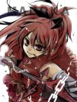  chain chains dress hair_ribbon haku-ginga jewelry long_hair mahou_shoujo_madoka_magica pocky polearm ponytail red_eyes red_hair redhead ribbon sakura_kyouko smile solo weapon 