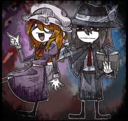  2girls :d :| ascot belt black_capelet black_hair black_hat black_skirt blonde_hair book bow brown_belt capelet closed_mouth dress gap_(touhou) hair_between_eyes hat hat_bow holding holding_book long_dress maribel_hearn mob_cap multiple_girls necktie orange_ascot pointing purple_dress red_eyes sash shirt skirt smile standing standing_on_one_leg suenari_(peace) touhou usami_renko violet_eyes what white_bow white_shirt 