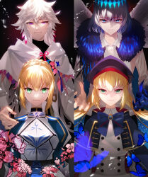  00kashian00 2boys 2girls absurdres armor armored_dress artoria_caster_(fate) artoria_caster_(second_ascension)_(fate) artoria_pendragon_(fate) black_hair blonde_hair blue_bow blue_capelet blue_dress blue_eyes bow braid bug butterfly capelet claws commentary_request crown dragonfly_wings dress fate/grand_order fate_(series) green_eyes highres insect_wings juliet_sleeves long_hair long_neck long_sleeves medium_hair merlin_(fate) multiple_boys multiple_girls oberon_(fate) oberon_(third_ascension)_(fate) puffy_sleeves saber_(fate) smile split_screen twintails very_long_hair violet_eyes white_hair wings 
