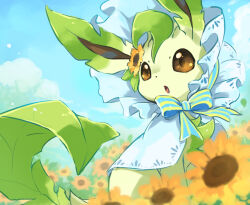  blue_sky bonnet brown_eyes clouds day field flower hashtag-only_commentary highres leafeon looking_to_the_side no_humans open_mouth outdoors pokemon pokemon_(creature) sky solo sunflower toneko white_bonnet 