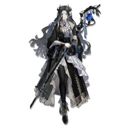  1girl arknights black_hair blue_eyes brown_hair facial_mark five-fall forehead_mark full_body highres holding holding_staff horns long_hair mole mole_under_mouth multiple_horns official_art pointy_ears simple_background solo staff standing tachi-e third-party_source third_eye transparent_background valarqvin_(arknights) wavy_hair 