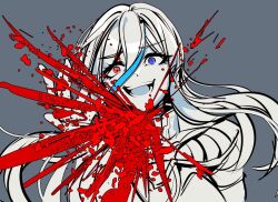  1girl blood blood_spray blue_hair check_commentary commentary commentary_request eyelashes gloves grey_background hair_between_eyes hand_up heterochromia long_hair multicolored_hair nota_sayaka open_mouth red_eyes smile solo streaked_hair the_hundred_line_-last_defense_academy- two-tone_hair v'ehxness violet_eyes white_hair 