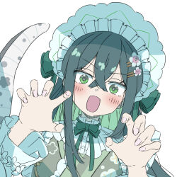  1girl 9thday9 blush bonnet claw_pose collar colored_inner_hair crossed_bangs dutch_angle flat_color floral_print floral_print_kimono flower-shaped_pupils flower_hairpin frilled_bonnet frilled_collar frills green_eyes green_hair green_kimono green_ribbon hair_ribbon highres japanese_clothes kimono lizard_tail long_hair long_sleeves looking_at_viewer multicolored_hair neck_ribbon nijisanji open_mouth portrait print_kimono ribbon simple_background solo symbol-shaped_pupils tail tail_raised togawa_nonoha virtual_youtuber white_background white_bonnet white_sleeves 