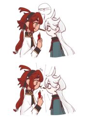  2girls asticassia_school_uniform black_hairband blue_eyes food green_jacket grey_eyes gundam gundam_suisei_no_majo hairband jacket long_hair miorine_rembran multiple_girls nandmmy03 pocky pocky_day pocky_kiss ponytail red_hair school_uniform simple_background suletta_mercury thick_eyebrows white_background white_hair white_jacket yuri 