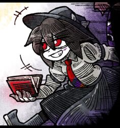  2girls arm_garter black_boots black_hair black_hat black_skirt black_socks blush book boots bow collar dragging gap_(touhou) grin hair_between_eyes hat hat_bow holding holding_another&#039;s_hair holding_book long_sleeves motion_lines multicolored_necktie multiple_girls necktie red_eyes running shirt skirt smile socks solo_focus speed_lines suenari_(peace) touhou usami_renko white_collar white_shirt yakumo_yukari 