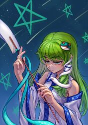  1girl absurdres aqua_ribbon bare_shoulders collared_shirt commentary_request detached_sleeves fingernails frog_hair_ornament gohei green_eyes green_hair hair_ornament hair_tubes highres holding holding_gohei kochiya_sanae long_hair looking_down night night_sky ookimi_gusoku_mushi ribbon shirt shooting_star single_hair_tube single_sidelock sky snake snake_hair_ornament solo star_(sky) star_(symbol) starry_sky thick_eyelashes touhou upper_body white_shirt white_snake 