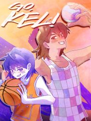  2boys alternate_eye_color arm_up ball basketball_(object) blush brown_eyes brown_hair character_name checkered_clothes collarbone colored_skin cosplay costume_switch dual_persona grin hair_between_eyes highres holding holding_ball kel_(faraway)_(omori) kel_(headspace)_(omori) kel_(omori) looking_at_viewer male_focus multiple_boys omori purple_hair pyoppyop_omori short_hair smile tank_top teeth violet_eyes white_skin 