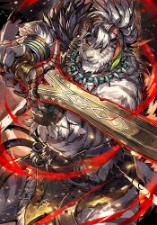  1boy afk_(series) afk_journey animal_ears biceps claws closed_mouth earrings english_commentary fangs fangs_out furry furry_male highres holding holding_sword holding_weapon jewelry kordan_(afk) looking_at_viewer male_focus muscular muscular_male necklace sa-dui scar_on_lip single_earring sword tail tiger_boy tiger_ears tiger_stripes tiger_tail topless_male weapon 
