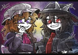  2girls arm_around_waist ascot black_capelet black_hair black_hat black_skirt blonde_hair blush blush_stickers bow capelet collar covering_own_mouth dress grin hat hat_bow laughing long_sleeves looking_at_viewer maribel_hearn medium_hair mob_cap multiple_girls necktie pink_ascot puffy_long_sleeves puffy_sleeves purple_dress red_eyes sash shirt short_hair skirt sleeve_cuffs smile suenari_(peace) touhou usami_renko violet_eyes white_bow white_collar white_hat white_sash white_shirt 