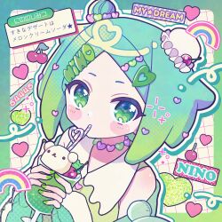  1girl bare_shoulders bendy_straw blush_stickers border cherry closed_mouth commentary_request cup double_bun drinking_glass drinking_straw food fruit green_border green_eyes green_hair green_nails green_shirt grid_background hair_bun hair_ornament heart heart_hair_ornament heart_necklace highres holding holding_cup idol_time_pripara jewelry koyoshi_yoko looking_at_viewer melon_soda nail_polish necklace nijiiro_nino outline outside_border parted_bangs portrait pretty_series pripara shirt short_hair solo text_hair_ornament white_background white_outline 