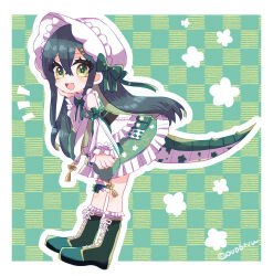  0v06tsu 1girl :d apron bare_shoulders black_corset blush bonnet boots border collar colored_inner_hair corset crossed_bangs deformed detached_sleeves floral_background floral_print floral_print_kimono flower-shaped_pupils frilled_bonnet frilled_collar frilled_skirt frilled_socks frilled_thigh_strap frills from_side full_body green_background green_boots green_eyes green_hair green_kimono green_ribbon green_tail hair_ornament hair_ribbon hairpin hand_on_own_cheek hand_on_own_face highres japanese_clothes kimono kimono_skirt knee_boots kneehighs lace-up_boots leaning_forward lizard_tail long_hair long_sleeves looking_at_viewer maid_apron multicolored_hair neck_ribbon nijisanji notice_lines obiage obijime outline outside_border plaid_background print_kimono ribbon skirt smile socks solo standing symbol-shaped_pupils tail tail_under_clothes tassel thigh_strap togawa_nonoha twitter_username virtual_youtuber waist_apron white_bonnet white_border white_outline white_sleeves 