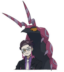  1boy antennae black-framed_eyewear black_jacket collared_shirt corbeau_(pokemon) cropped_torso highres jacket lapels looking_at_another looking_up male_focus mashita._(mentaiko_omoti) necktie one_eye_closed open_clothes open_jacket open_mouth parted_hair pokemon pokemon_(creature) pokemon_legends:_z-a purple_hair purple_shirt round_eyewear scolipede shirt short_hair simple_background smile solo suit_jacket teeth white_background white_necktie wing_collar yellow_eyes 