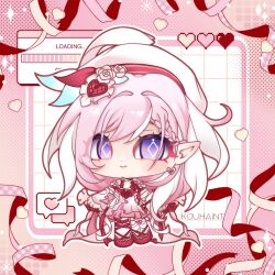 1girl beret border chibi chibi_only commentary diamond-shaped_pupils diamond_(shape) dress earrings elf elysia_(hi_love_elf)_(honkai_impact) elysia_(honkai_impact) english_commentary hat heart heart_earrings highres honkai_(series) honkai_impact_3rd jewelry kouhaint long_hair multicolored_dress multicolored_hair pink_border pink_dress pink_hair pointy_ears red_dress red_shoes shoes smile solo symbol-shaped_pupils two-tone_hair very_long_hair violet_eyes white_dress white_hair 