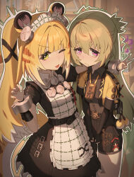  2girls absurdres alternate_costume animal_ears apron arm_around_shoulder black_dress black_gloves black_shirt blonde_hair claw_pose closed_mouth collared_dress collared_shirt corin_wickes corin_wickes_(cosplay) cosplay costume_switch cropped_jacket dress elbow_gloves embarrassed fang gloves green_eyes green_hair highres jacket ju_fufu ju_fufu_(cosplay) long_hair looking_at_viewer maid maid_apron mangsik multicolored_hair multiple_girls one_eye_closed outline shirt skin_fang tiger_ears tiger_girl twintails two-tone_hair v very_long_hair violet_eyes white_hair white_outline yellow_jacket zenless_zone_zero 
