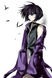  1other absurdres androgynous black_shirt closed_mouth coattails collared_shirt commentary cowboy_shot english_commentary expressionless feathers floating_hair frilled_shorts frills hair_between_eyes high-waist_shorts high_collar highres hood hood_down hooded_jacket jacket len&#039;en light_frown long_sleeves looking_to_the_side no_headwear open_clothes open_jacket other_focus purple_hair purple_jacket shirt shitodo_kuroji short_hair shorts simple_background single_bare_shoulder sleeveless sleeveless_shirt sleeves_past_fingers sleeves_past_wrists solo standing violet_eyes white_background white_shorts wide_sleeves wind yancao_(pixiv_103434280) zipper zipper_pull_tab 