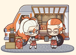  1boy 1girl :&gt; apron arm_behind_back black_bow black_bowtie blue_eyes bow bowtie chibi chibi_only closed_eyes colored_tips cup disposable_coffee_cup disposable_cup food_truck glasses griselle_(pokemon) grisham_(pokemon) hair_pulled_back hand_on_own_hip highres holding holding_coffee_pot holding_tray looking_at_viewer lower_eyelashes_only multicolored_hair orange_apron orange_hair plant pokemon pokemon_legends:_z-a ponytail sach56000 short_ponytail smile tray two-tone_hair waist_apron wavy_hair white-framed_eyewear white_hair 