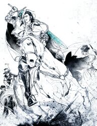  1boy absurdres bloodborne cane cape dirt gauntlets green_eyes greyscale hair_between_eyes hat_over_hood highres holding holding_sword holding_torch holding_weapon hood hood_up hooded_cape horse horseback_riding huge_weapon kalianabokalisi ludwig_the_accursed monochrome moonlight_greatsword people reins riding saddle short_hair sideburns solo_focus spot_color stirrups_(riding) sword torch weapon 