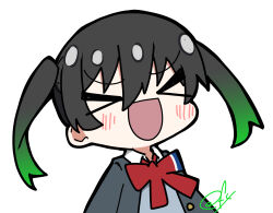  &gt;_&lt; 1girl :d black_hair blush chibi chibi_only collared_shirt commentary_request facing_viewer gradient_hair green_hair grey_sweater highres jacket love_live! love_live!_nijigasaki_high_school_idol_club medium_hair multicolored_hair neck_ribbon nijigasaki_school_uniform oofushi_ao open_clothes open_jacket open_mouth red_ribbon ribbon school_uniform shirt signature simple_background smile solo sweater takasaki_yu twintails upper_body v-shaped_eyebrows white_background white_shirt winter_uniform xd 
