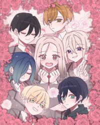  1girl 6+boys black_hair black_hoodie blonde_hair blue_hair blush brown_eyes chi_kan100 clenched_hands closed_eyes commentary_request crossed_bangs dei_matsuri floral_border forehead forehead_blush frown genderswap genderswap_(ftm) gradient_hair green_eyes grey_jacket grin hair_between_eyes haraga_kurumi heart heart-shaped_mouth heart-shaped_pupils highres hood hood_down hoodie inda_karane jacket kimi_no_koto_ga_dai_dai_dai_dai_daisuki_na_100-nin_no_kanojo korean_commentary long_sleeves male_harem meido_mai meido_mei multicolored_hair multiple_boys nakaji_uto necktie nose_blush orange_hair red_necktie smile sparkle sutou_iku symbol-shaped_pupils v violet_eyes wavy_eyes 