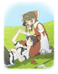  2girls ascot black_bow black_bowtie black_hair black_skirt blue_sky blush bow bowtie brown_hair brown_shoes closed_eyes collared_shirt commentary_request day detached_sleeves frilled_bow frilled_hair_tubes frills gohei hair_bow hair_tubes hakurei_reimu hat highres lap_pillow long_hair lying multiple_girls on_back on_grass outdoors puffy_short_sleeves puffy_sleeves red_bow red_skirt sakic43899 shameimaru_aya shirt shoes short_sleeves skirt skirt_set sky smile socks touhou unworn_hat unworn_headwear white_shirt white_socks yellow_ascot yuri 