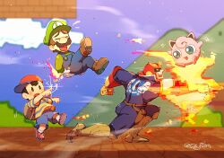  3boys black_hair blue_bodysuit blue_overalls bodysuit brown_hair captain_falcon f-zero facial_hair falcon_punch fire gloves green_hat green_shirt hanaon hat helmet highres jigglypuff luigi mother_(series) mother_2 multiple_boys mustache ness_(mother_2) overalls pokemon pokemon_(creature) red_helmet shirt short_hair signature super_mario_bros. super_smash_bros. 