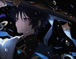 1boy absurdres arm_up armor black_background black_bodysuit black_hair blue_cape blue_hat blunt_ends bodysuit cape chinese_commentary closed_mouth crying crying_with_eyes_open eyeshadow genshin_impact gold hair_between_eyes hand_on_headwear hand_up hat highres japanese_armor japanese_clothes jewelry jingasa juban kayu_(yukagoin) kimono looking_to_the_side makeup male_focus mandarin_collar necklace open_clothes open_vest rain red_eyeshadow scaramouche_(genshin_impact) short_hair side_cape simple_background sleeveless sleeveless_bodysuit solo tears upper_body veil vest violet_eyes wanderer_(genshin_impact) water water_drop wet white_kimono 