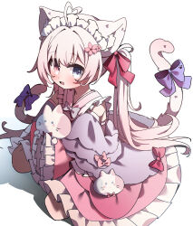  1girl absurdres ahoge animal_ear_fluff animal_ears blue_bow blue_eyes blue_jacket bow cat_ears cat_girl cat_tail commission detached_sleeves dress dress_bow fang flower frilled_dress frilled_sleeves frills gradient_hair hair_bow hair_flower hair_ornament hashtag-only_commentary heart heart_ahoge heterochromia highres holding holding_stuffed_toy jacket long_hair long_sleeves looking_at_viewer maid_headdress moepu. multicolored_hair multiple_tails open_clothes open_jacket open_mouth original pink_dress pink_eyes pink_hair pink_sleeves red_bow simple_background skeb_commission skin_fang sleeveless sleeveless_dress sleeves_past_fingers sleeves_past_wrists smile solo stuffed_animal stuffed_cat stuffed_toy tail tail_bow tail_ornament twintails two-tone_hair two_tails very_long_hair white_background white_hair wide_sleeves 