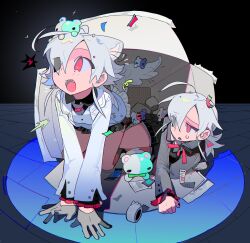  2girls ahoge all_fours animal_ears black_gloves black_skirt collared_shirt confetti cup fangs fisheye frilled_sleeves frills gloves grey_gloves grey_jacket grey_shirt hair_over_one_eye highres jacket long_hair long_sleeves looking_at_another mk1liaoqian mug multiple_girls neck_ribbon object_on_head on_head open_mouth original paper pink_eyes red_eyes ribbon shirt skirt stuffed_animal stuffed_toy sweatdrop teddy_bear tile_floor tiles white_hair white_jacket wings 