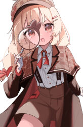  1girl absurdres aoi_(swoi_ekk) blonde_hair bow braid brown_coat brown_hat brown_shorts coat collared_shirt cowboy_shot deerstalker fang gloves hair_bow hair_ornament hairclip hat highres holding holding_magnifying_glass long_hair long_sleeves looking_at_viewer magnifying_glass natori_sana open_clothes open_mouth red_bow red_eyes sana_channel shirt shorts simple_background skin_fang smile solo suspender_shorts suspenders twin_braids virtual_youtuber white_background white_gloves white_shirt 