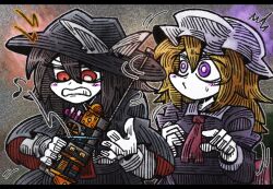  2girls angry ascot black_capelet black_hair black_hat black_skirt blonde_hair blush bow capelet collar dress frustrated hair_between_eyes hat hat_bow holding long_sleeves machine maribel_hearn medium_hair mob_cap multiple_girls musical_note necktie purple_dress red_ascot shirt short_hair skirt sleeve_cuffs suenari_(peace) touhou usami_renko white_bow white_collar white_hat white_shirt worried 