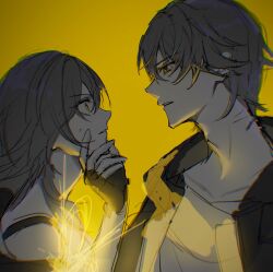  1boy 1girl bare_shoulders black_coat black_jacket caelus_(honkai:_star_rail) coat collarbone commentary dual_persona fingerless_gloves gloves grey_hair hair_between_eyes hand_on_another&#039;s_chin hand_up highres honkai:_star_rail honkai_(series) hood hooded_coat jacket lapels long_hair long_sleeves looking_at_another nei00nei off-shoulder_shirt off_shoulder open_clothes open_coat open_jacket shirt short_hair simple_background stelle_(honkai:_star_rail) sweatdrop symbol-only_commentary t-shirt teeth trailblazer_(honkai:_star_rail) two-sided_coat two-sided_fabric upper_body v-shaped_eyebrows white_shirt wide-eyed yellow_background yellow_coat yellow_eyes 
